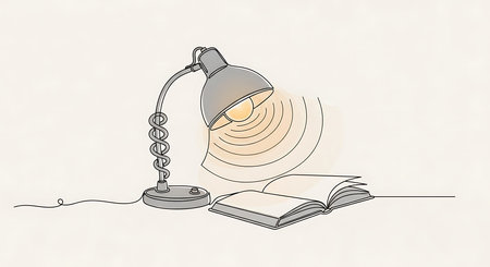 Illustration of a desk lamp and open book on light background.の素材
