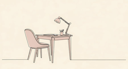 Continuous one line drawing of a desk with a lamp and a chairの素材