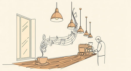 Coffee shop interior sketch. Vintage hand drawn vector illustration.の素材