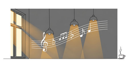 Illustration of a room with a window and a lighted ceilingの素材