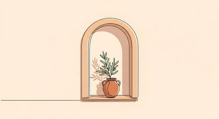 Vector illustration of a window with a vase and a plant.の素材