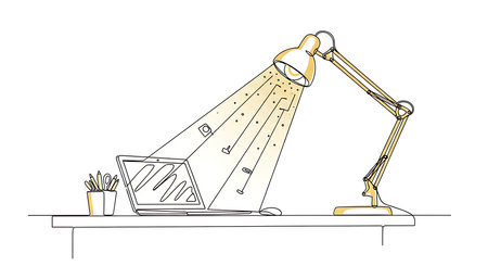 Illustration of a desk lamp and a computer on a white backgroundの素材