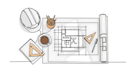 Architectural project with blueprints on the table. Vector illustration.の素材
