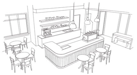 Coffee shop graphic black white interior sketch vector illustration hand drawnの素材