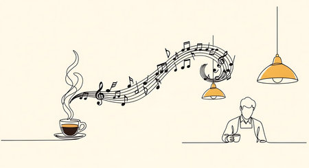 Coffee cup and music notes. Hand drawn vector illustration.の素材