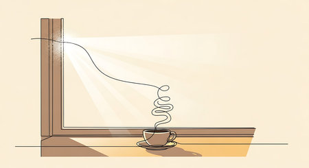 A cup of coffee on the windowsill in the morning. Vector illustrationの素材