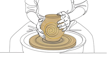 Potter making a pot on the pottery wheel. Hand drawn vector illustration.の素材