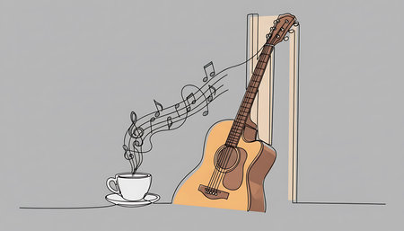 Guitar and cup of coffee in the room. Vector illustrationの素材