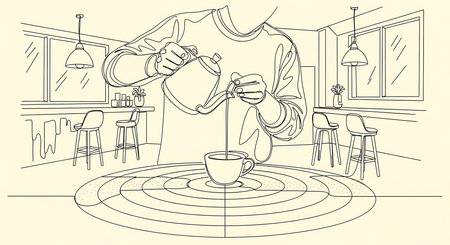 Man pours coffee in a cafe. Hand drawn vector illustration.の素材