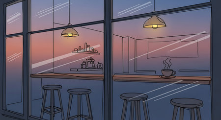 Stylish cafe interior with bar counter, chairs and window with sunset sky. Cartoon vector illustration.の素材