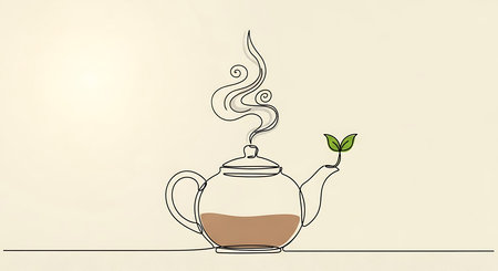 Tea pot with teapot and green tea leaves. Vector illustration.の素材