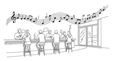 People at the bar with music notes. Hand drawn vector illustration.の素材