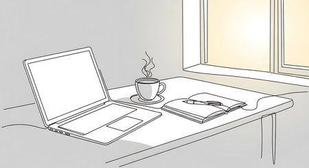 Laptop and coffee cup on the table in the room. Vector illustrationの素材