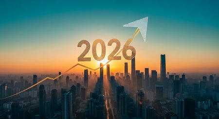 New year 2020 concept with arrow pointing up against cityscape at sunsetの素材