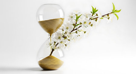 Hourglass with cherry blossom branch on white background. Time passing conceptの素材