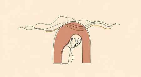 Vector hand drawn illustration of a girl with long hair in a minimalist style.の素材