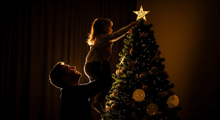 Silhouette of a father and his daughter decorating the Christmas treeの素材