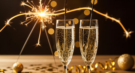 Glasses of champagne with sparklers and christmas balls on dark backgroundの素材