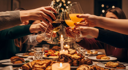 Group of friends clinking glasses with wine at festive dinner party.の素材