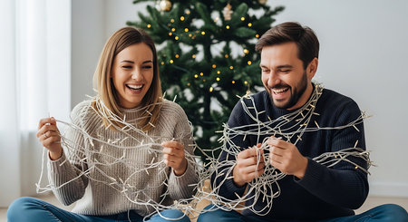 happy couple with christmas tree and garland in living room at homeの素材