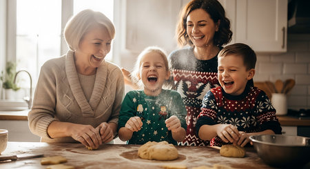 Happy family is preparing cookies in the kitchen. Mother, father and children are having fun and smiling.の素材