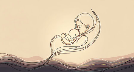 Sketch of a newborn baby sleeping on the waves. Vector illustration.の素材