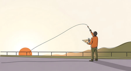 Illustration of a fisherman fishing with a rod on the river.の素材