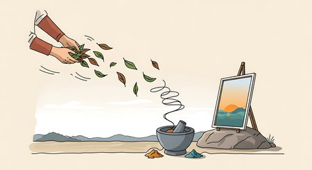 Illustration of a hand throwing autumn leaves into the air in front of an easelの素材