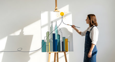 Young woman painting cityscape on canvas with paintbrush. Real estate conceptの素材