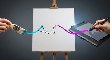 Close up of human hand drawing business graph on canvas with paintbrushの素材