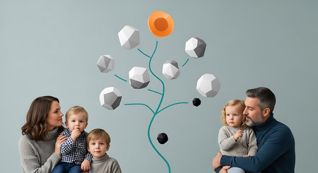 family with tree made of stones on gray background, concept of ecologyの素材