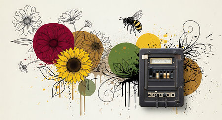 Vintage background with sunflowers, bees and calculator. Vector illustration.の素材