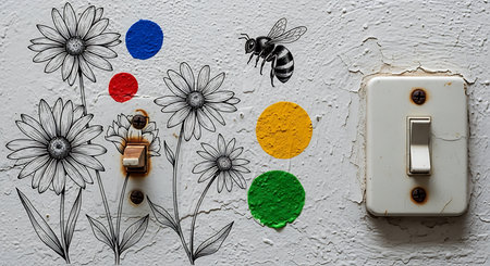 Colorful wall with a picture of a bee and a light switchの素材