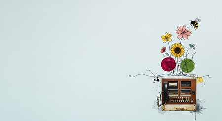 Retro radio with flowers and bees in vase on light backgroundの素材
