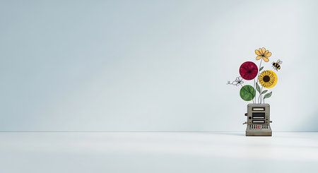 An old typewriter with a bouquet of flowers on a blue wall background. 3D Renderingの素材