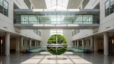 Interior of modern office building with green plant in glass wall.の素材