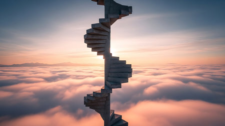 Conceptual image of stair made of wooden blocks over the clouds at sunsetの素材