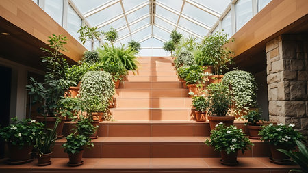 Interior of a modern greenhouse with plants in pots and stairs.の素材