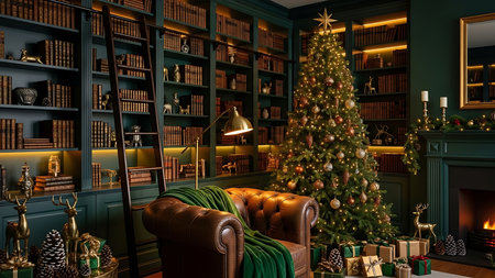 Luxury living room with Christmas tree and fireplace. 3D rendering.の素材