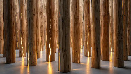 3d rendering of a row of wooden pillars in a dark roomの素材