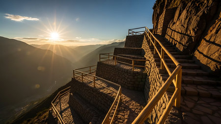 Staircase to the top of the mountain in the morning.の素材