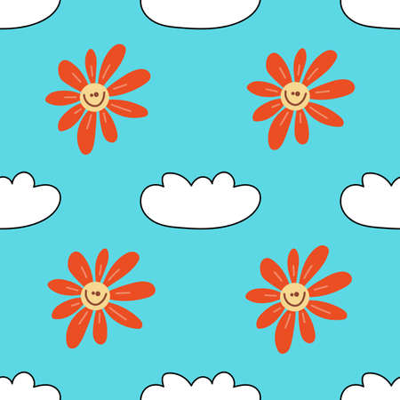 1970 trippy pattern daisy and cloudsのイラスト素材