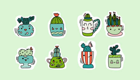 Set of stickers of cute cartoon cactusのイラスト素材