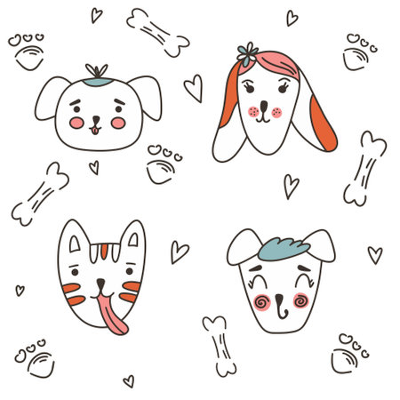 Cute dogs doodle vector setのイラスト素材