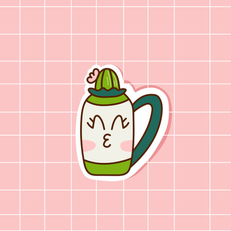 Cartoon cactus with a flower in a pot. The cactus sticker is hand-drawn. Vector doodle illustrationのイラスト素材