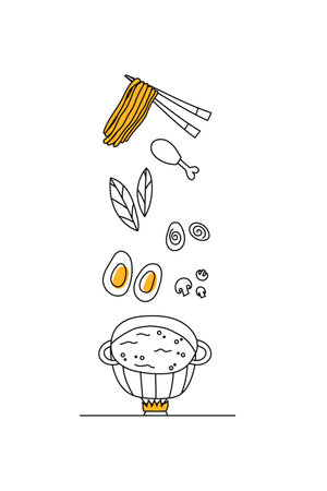 Ingredients for making ramen. Cooking instant noodles and spaghetti, hand-drawn vector illustration. Doodle Korean Ramenのイラスト素材