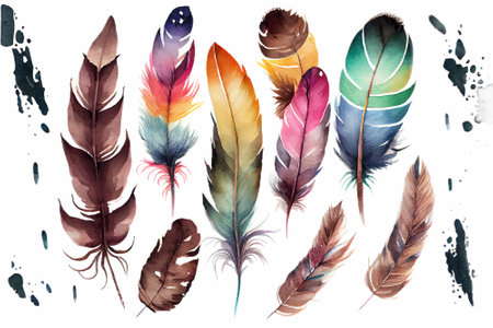 Set of watercolor bird feathers. hand drawn vector illustrationのイラスト素材