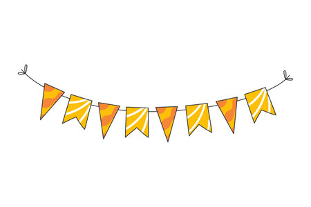 Orange-yellow flags for the holiday. Bunting for party, birthday, carnival and event. Vector illustration isolated on white backgroundのイラスト素材