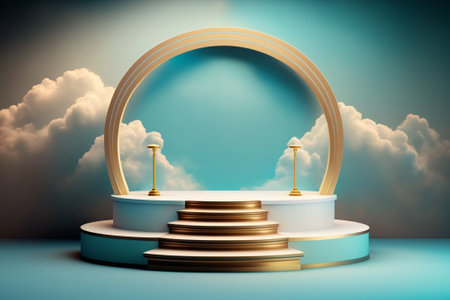 Realistic white fluffy clouds in product podium. 3d rendered geometric shape sky cloud blue pastelの写真素材