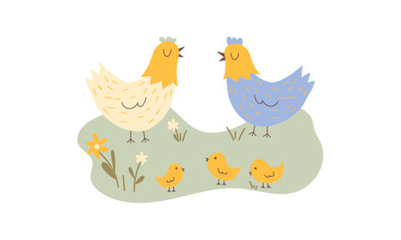 Chickens with chicks on the lawn. Cute chickens with their baby. Flat cartoon vector illustration.のイラスト素材